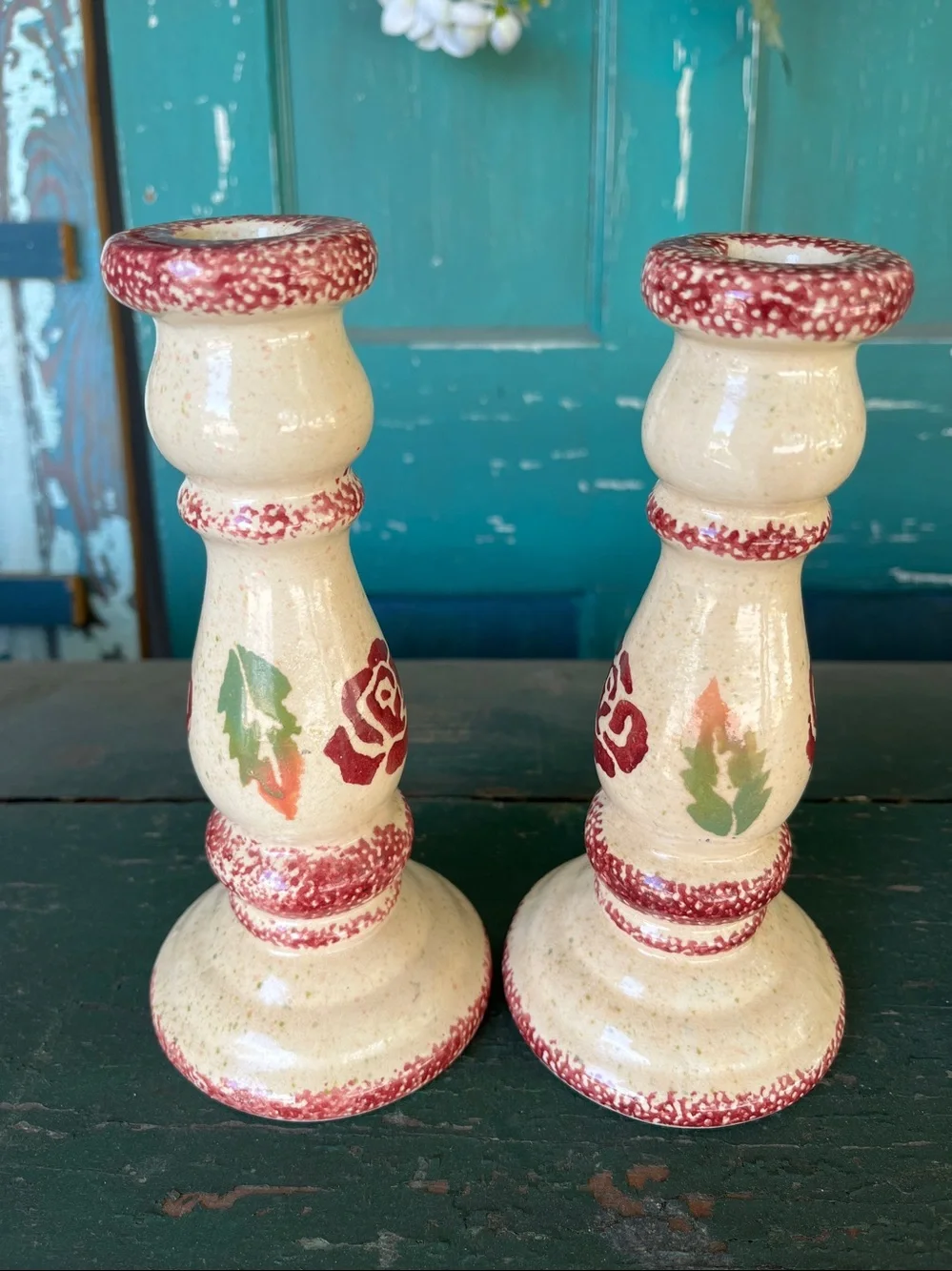 Vintage ceramic taper candle holders with a cream spongeware finish
